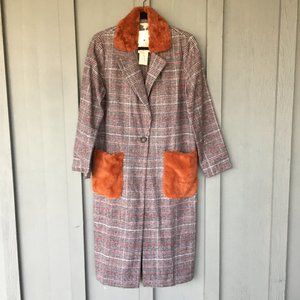 MYSTREE Rust Houndstooth Faux Fur Pocket long coat